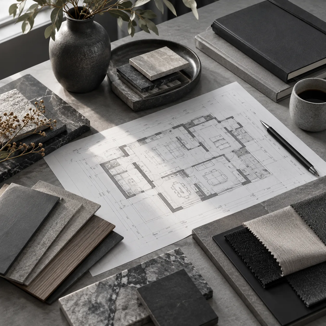 Monochrome architectural moodboard with design references